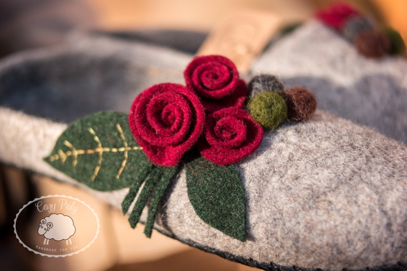 Grey felted wool slippers woolen clogs with felt flower great grandma gift felt slipper image 6