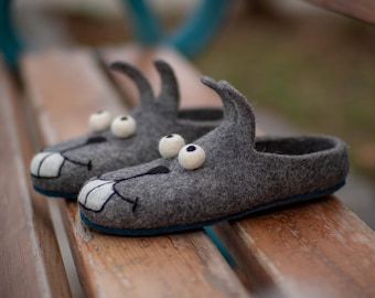 Animals mens slippers Cute charm slippers Felted wool warm slippers Handmade house home eco shoes Rabbit bunnies slippers Gift for him dad