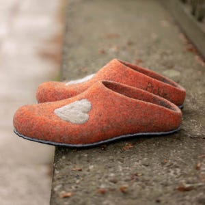 Orange Felted Wool Slippers with Heart: Handmade Non-Slip House Shoes