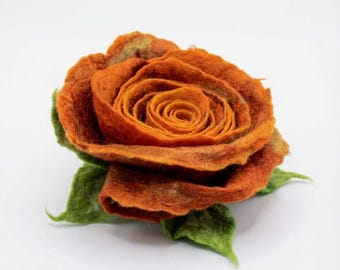 Orange Felt Rose Brooch Gift For Her: Handmade Merino Wool Flower Pin