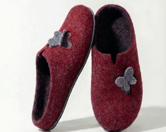 Handmade Felted Wool Slippers For Women: Burgundy Butterfly Indoor Shoes