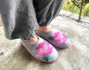 Custom Warm Felted Wool Slippers: Floral Decor, Eco Comfy Shoes