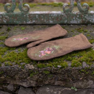 Felted mittens Merino wool gloves brown felt mitten with silk felted flowers winter is coming image 5