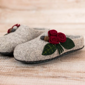 Grey felted wool slippers woolen clogs with felt flower great grandma gift felt slipper image 2