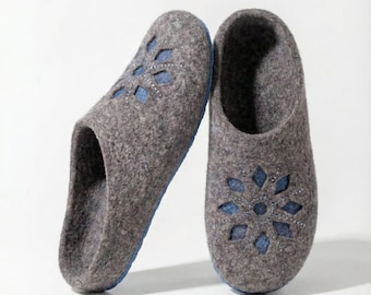Pantuflas de lana de fieltro para mujer: pantuflas grises hechas a mano con suela de cuero