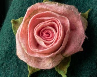 Merino Wool Pink Rose Brooch in Boho Style - Delicate Fiber Art Accessory for women