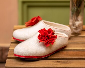 Felted Wool Slippers For Women : Handmade Cozy Indoor Shoes with Red Flower