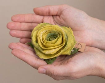 Yellow Wool Felted Rose Brooch: Handmade Merino Flower Pin