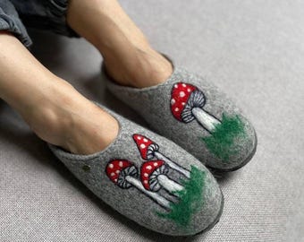 Handmade Felted Wool Slippers For Women: Mushroom Design, Cozy House Shoes