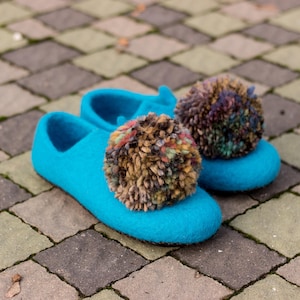 Felted Wool House Slippers with Pompom: Handmade Cozy Shoes