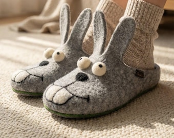 Handmade Eco Wool Felt Bunny Slippers: Gray Animal House Shoes