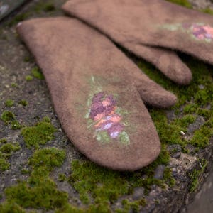 Felted mittens Merino wool gloves brown felt mitten with silk felted flowers winter is coming image 6