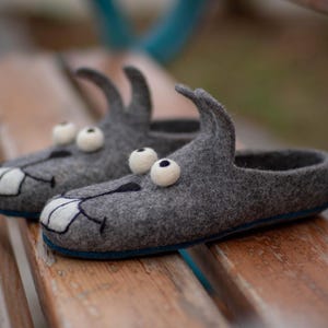 Wool Felted Gray Bunny Eco Slippers: Cozy Handmade Indoor Shoes
