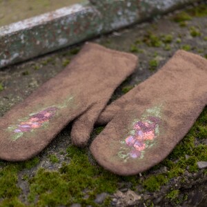 Felted mittens Merino wool gloves brown felt mitten with silk felted flowers winter is coming image 2