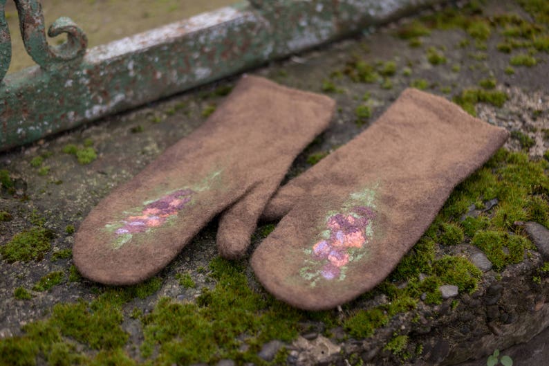 Felted mittens Merino wool gloves brown felt mitten with silk felted flowers winter is coming image 2