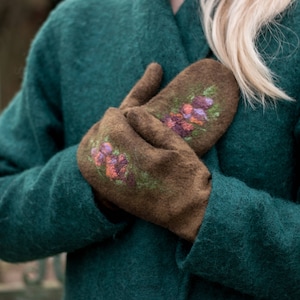 Felted mittens Merino wool gloves brown felt mitten with silk felted flowers winter is coming image 1