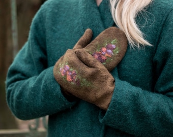 Felted mittens Merino wool gloves brown felt mitten with silk felted flowers winter is coming