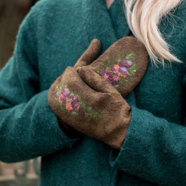 Felted mittens Merino wool gloves brown felt mitten with silk felted flowers winter is coming