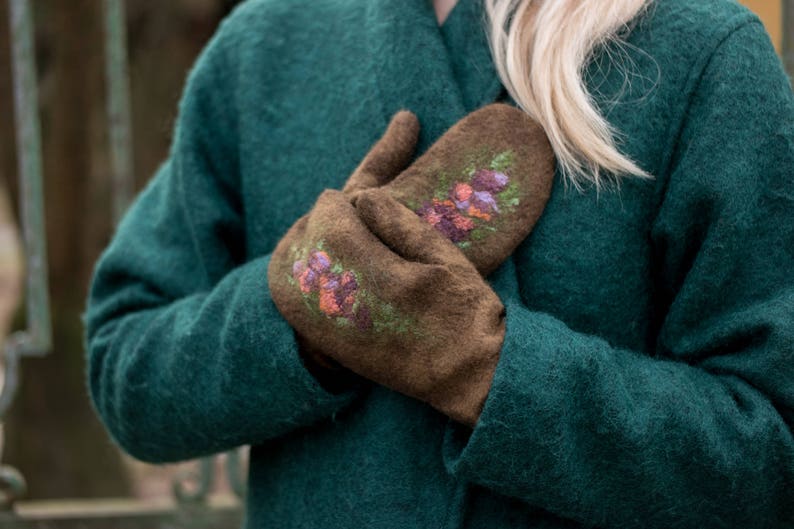 Felted mittens Merino wool gloves brown felt mitten with silk felted flowers winter is coming image 1