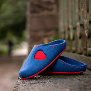 Blue Felted Wool Slippers: Handmade Cozy Non-Slip House Shoes
