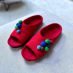 Handmade Wool Felted Slippers: Open Toe House Shoes with Pom Poms