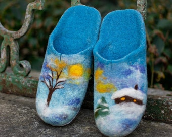 Handcrafted Mens Woolen Felt Slippers - Cozy and Stylish Wool warm soft blue shoes Handmade unisex gender neutral Housewarming custom gift