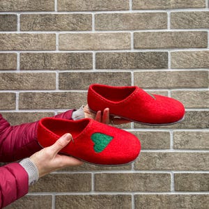 Red Wool Slippers: Cozy Heart Design, Handmade Felted Shoes