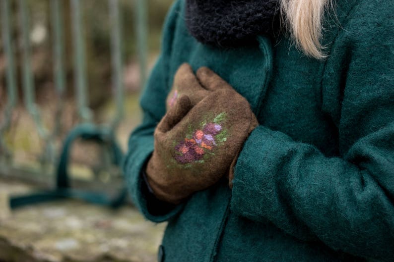 Felted mittens Merino wool gloves brown felt mitten with silk felted flowers winter is coming image 7