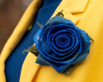 Handcrafted Blue Felted Merino Wool Rose Brooch: Floral Accessory