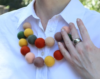 Handmade Felted Wool Ball Necklace: Colorful Boho Statement Jewelry