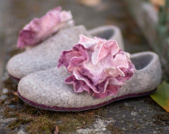 Felted Wool Home Slippers with Flower Brooch: Handmade Cozy House Shoes