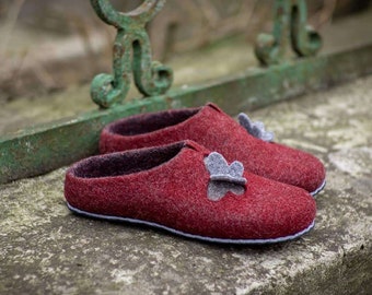 Handmade Felted Wool Slippers with Butterfly: Comfy Eco House Shoes