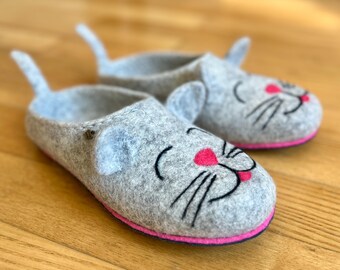 Felted Wool Cat Slippers For Women: Handmade Warm House Shoes