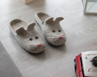 Zapatillas de casa Zapatillas de fieltro de lana acogedoras para un hogar cálido - zapatos de casa hechos a mano Animales ratón lindo divertido cálido suave eco zapatillas Unisex