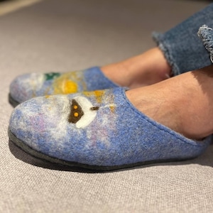 Handmade Wool Slippers: Warm Patterned Clogs with Leather Soles