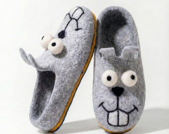 Felted Wool Bunny Slippers For Women : Funny Cozy Clogs, Handmade Unisex Shoes