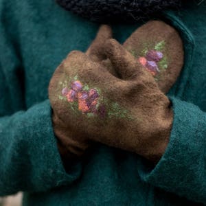 Felted mittens Merino wool gloves brown felt mitten with silk felted flowers winter is coming image 8