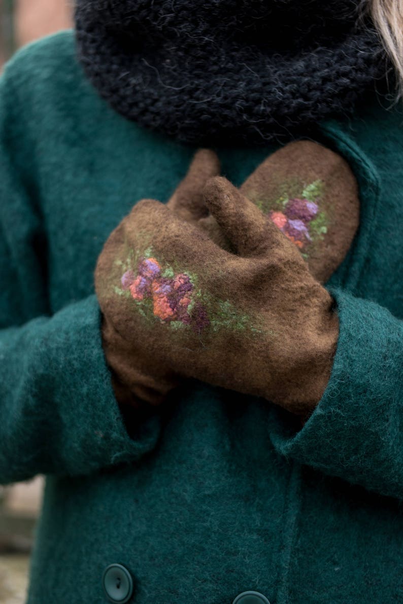 Felted mittens Merino wool gloves brown felt mitten with silk felted flowers winter is coming image 8