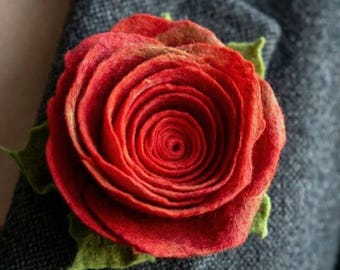 Red Rose Felt Brooch: Handmade Merino Wool Flower Jewelry