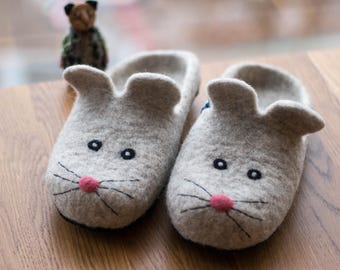Felted Wool Mouse Slippers – Handmade Gray House Shoes