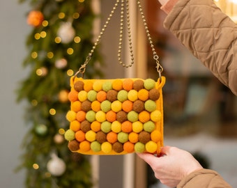 Crossbody bag Custom bag Free shipping Gift for her mom Yellow Handmade Mini wool charm bag Wool Felt balls Boho style Accessories for women