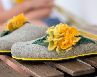 Slippers women Wool felt house home slippers Handmade shoes Floral decor cute cozy  fuzzy slippers 70th birthday gift for her mother mom