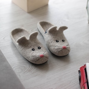 Felted Wool Mouse Slippers: Handmade Women&#39;s Cozy House Shoes