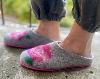 Floral Wool Felted Slippers: Warm Eco Cozy Indoor Shoes
