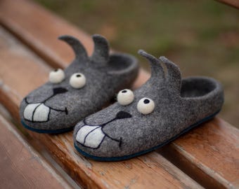 Men's Felted Wool Bunny Slippers: Handmade Cozy House Shoes Gift For Him