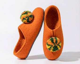 Felted Wool Slippers For Women with Pompons: Handmade Organic Sheep's Wool Shoes