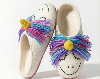 Felted Wool Unicorn Slippers for women : Cozy Women's House Shoes