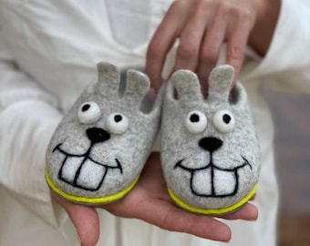 Felted Wool Bunny Slippers: Handmade Children's Shoes with Leather Soles