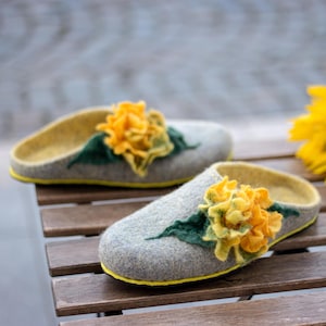 Gray Felted Wool Slippers for women with Yellow Flower Handmade Cozy House Shoes Birthday Christmas Gift for Her Natural Eco Wool Home Shoes
