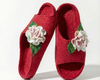 Burgundy Floral Wool Open Toe Slippers For Women: Eco Comfy House Shoes